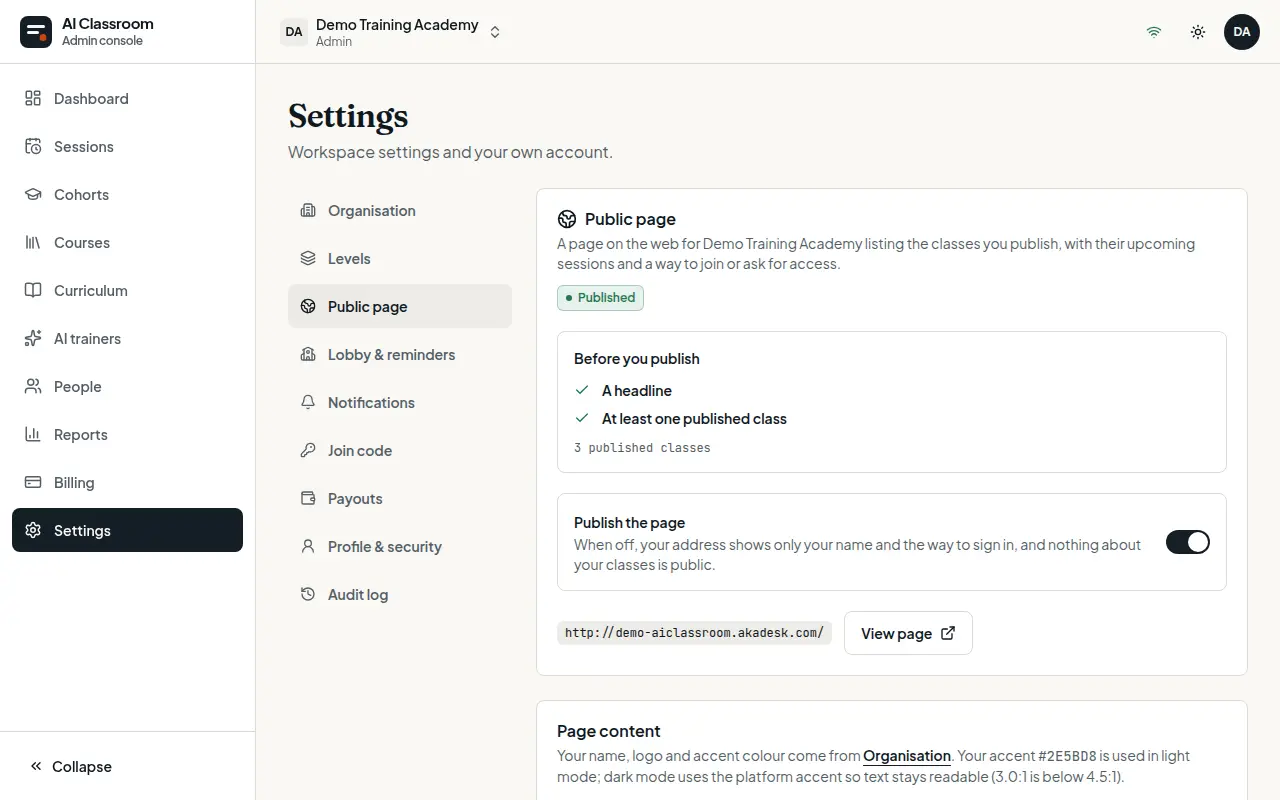 The Public page settings