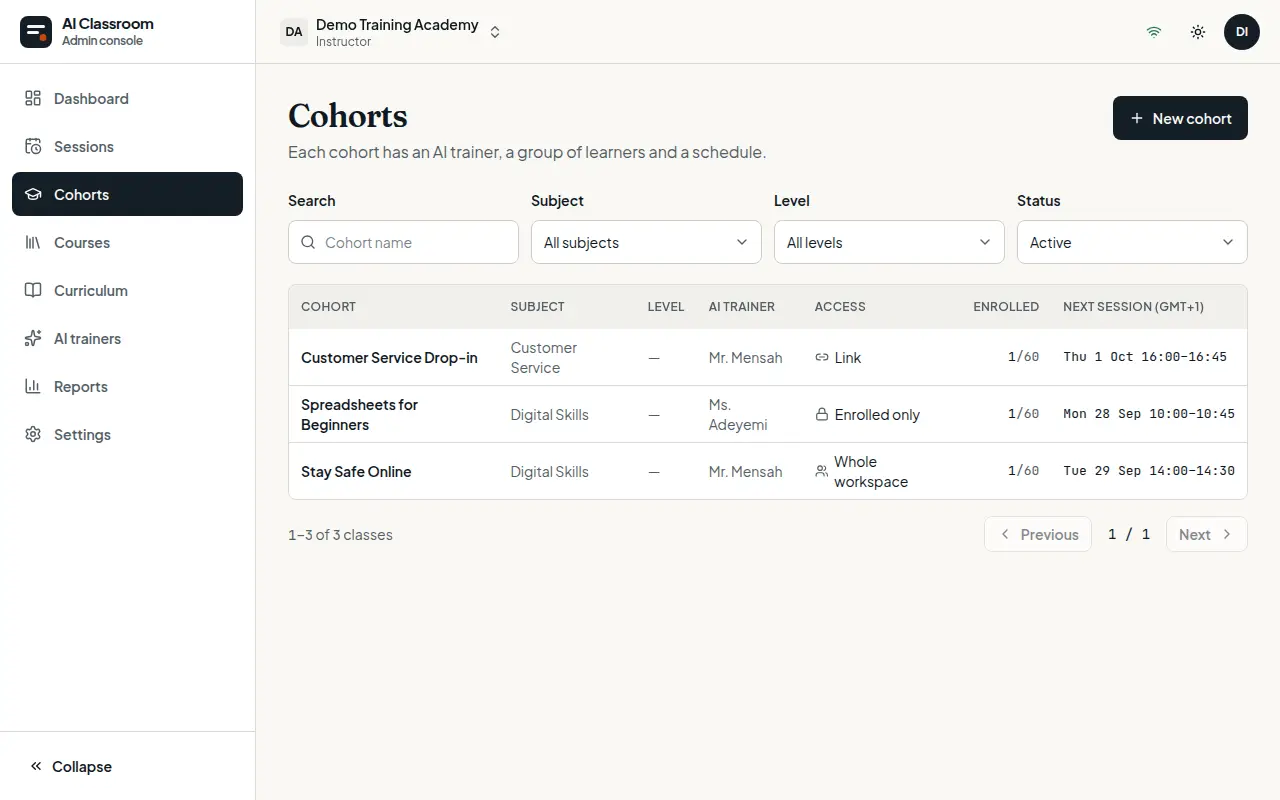 The Classes page