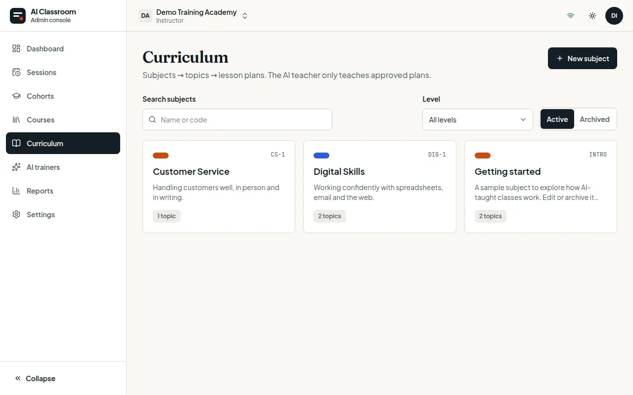 The Curriculum page